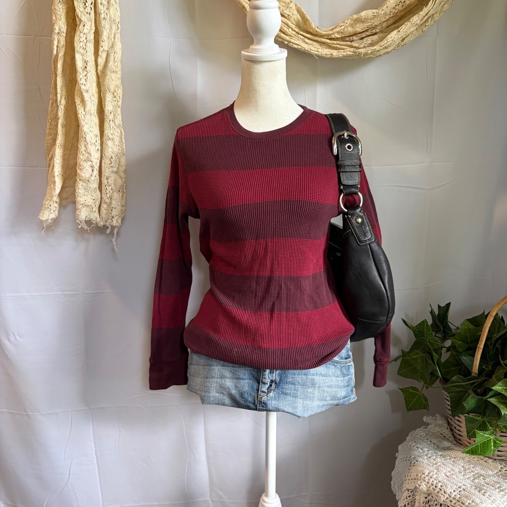 Y2K Grunge Waffle Knit Thermal Shirt Burgundy Striped Long Sleeve Crewneck Top